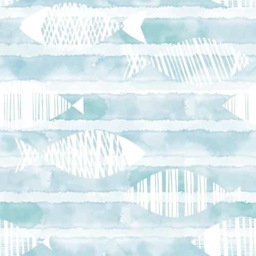 Illustration decorative fish on striped blue watercolor