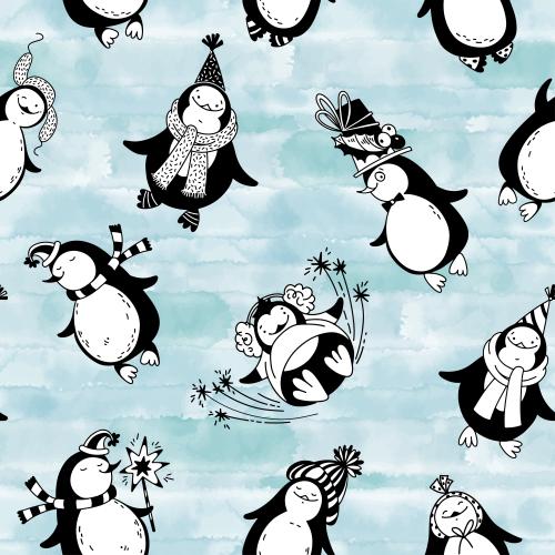 Penguin. Vector cartoonish penguins on blue watercolor