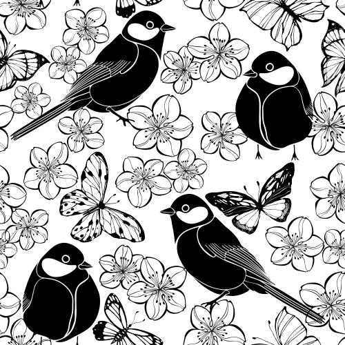 Sakura. Vector birds butterflies sakura flowers on white