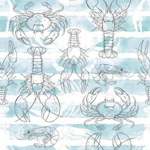 Crayfish. Vector crabs, lobsters, crayfish, shrimp, silhouettes and contours on watercolor