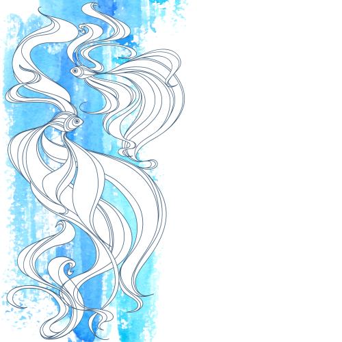 Vector image decorative fish, blue-green watercolor fragment, space for text on white