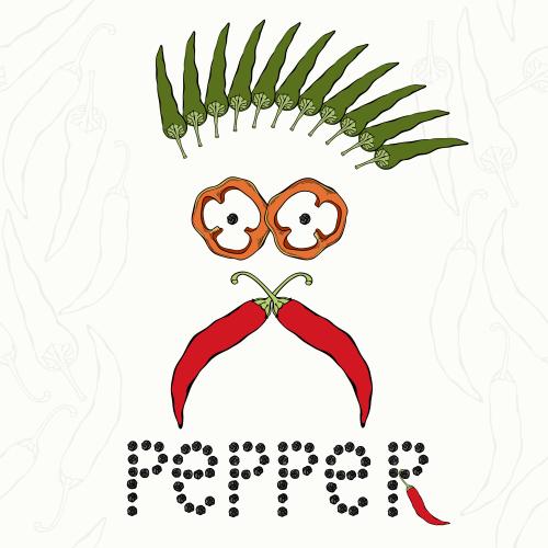 Pepper. Vector cartoon pepper face and pepper sign