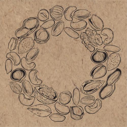 Hazelnut. Vector round nut frame on craft paper