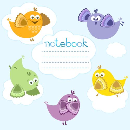 Notebook. Vector cute multicolored birds and clouds image with text area