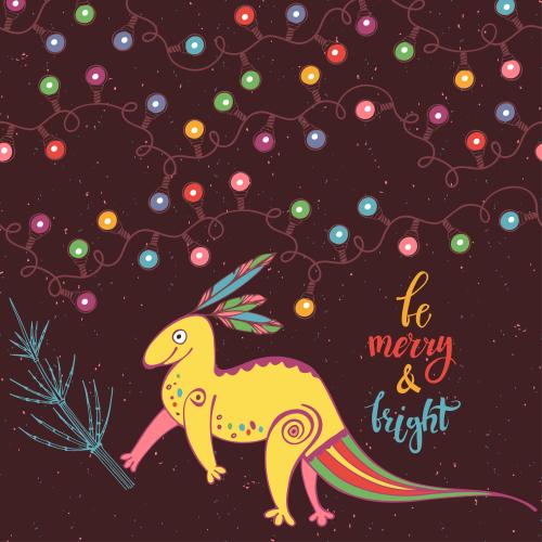 Fern. Vector cartoon dinosaur, garlands, inscription be merry and bright on colorful