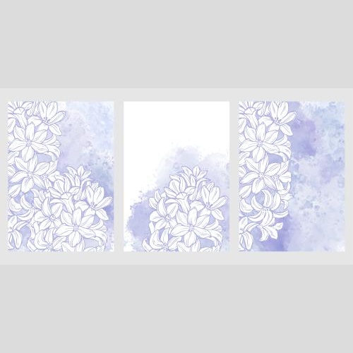 Card. Vector three postcards with hyacinths lavender watercolor fragments on white