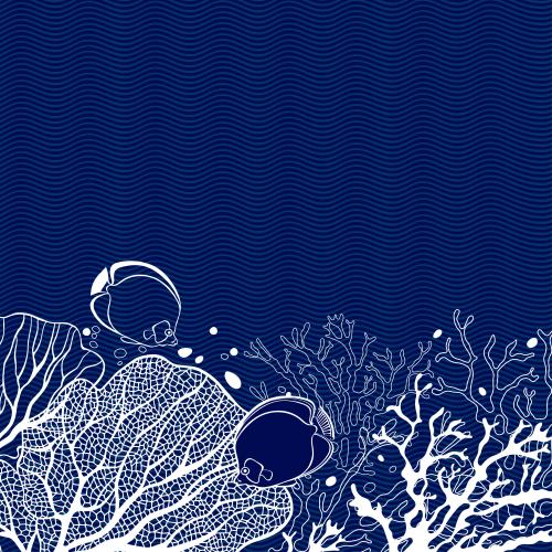 Illustration corals seaweed tropical fish place for text on blue waves