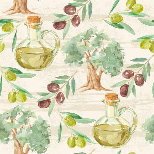 Raster image branches with olives and olives, olive trees, bottles with olive oil on textured light