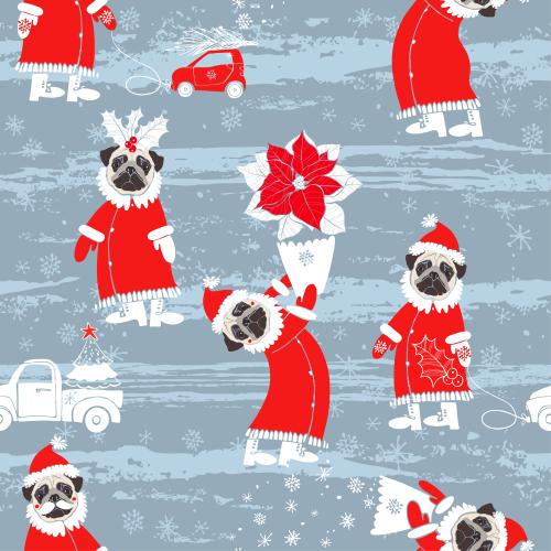 Illustration cute mops in santa claus costumes on a textured gray-blue