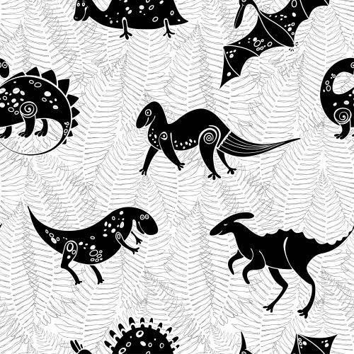 Fern. Vector cartoon dinosaurs and fern leaves, black outlines and silhouettes on white