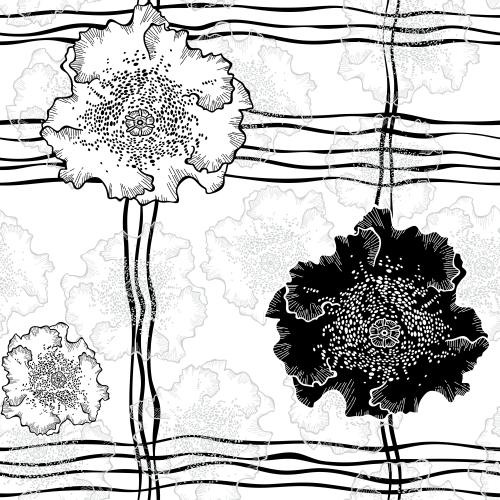 Vector image monochromatic flowers and intersecting wavy lines
