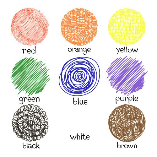 Vector image multicolored doodle circles with color names on white