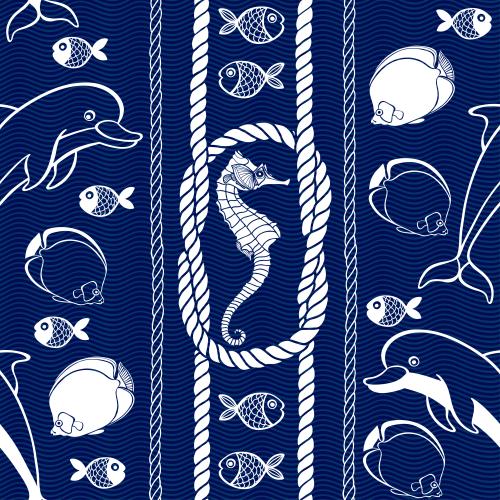 Rope. Vector marine inhabitants, marine ropes and knots on blue waves