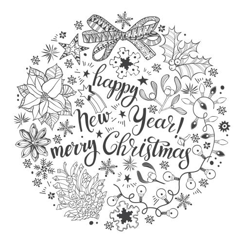 Snowflake. Vector symbols of winter holidays in a circle happy new year message merry christmas on white
