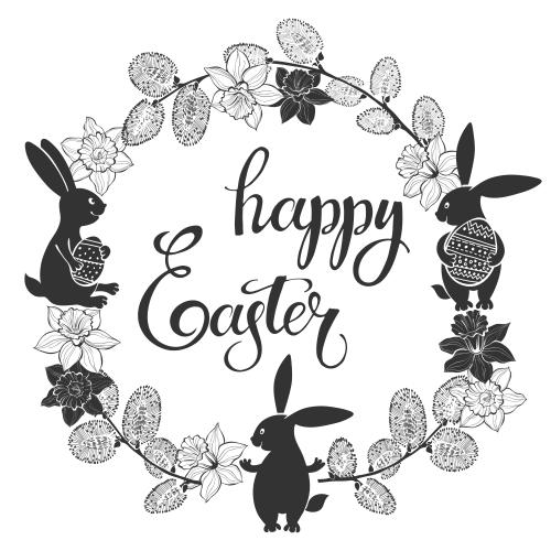 Paskhalia. Vector cute rabbits with easter eggs, wreath of willow and daffodils, text 'happy easter' on white