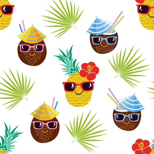 Hibiscus. Vector cartoon coconut cocktails and pineapples in sunglasses palm leaves on white