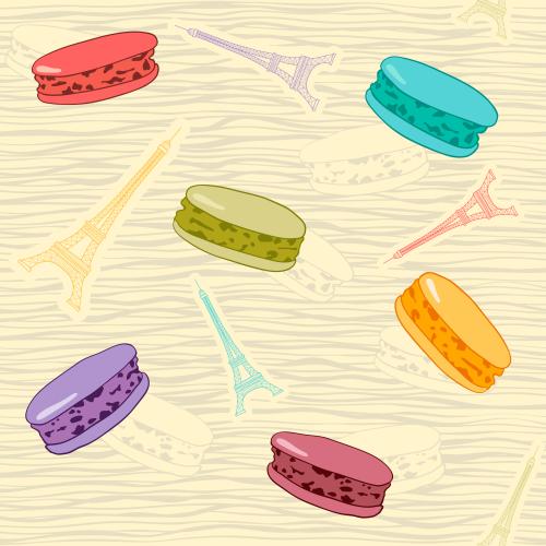 Eiffel tower. Vector multicolored macarons and eiffel towers on wavy