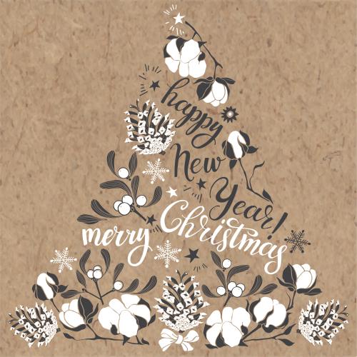 Snowflake. Vector holiday arrangement in the shape of a tree from cotton twigs, mistletoe, cones, snowflakes, and wishes with happy new year, merry christmas on craft