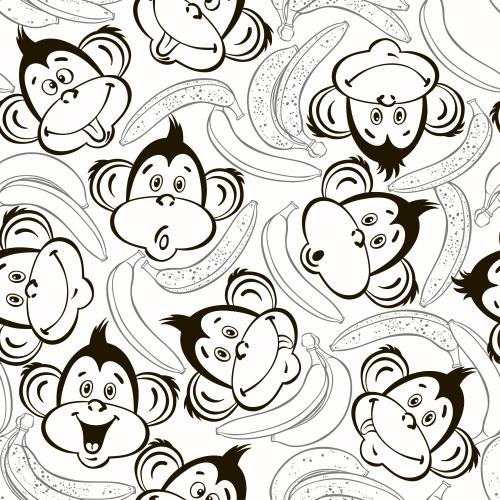 Banana. Vector monochrome cute monkey faces, bananas on white