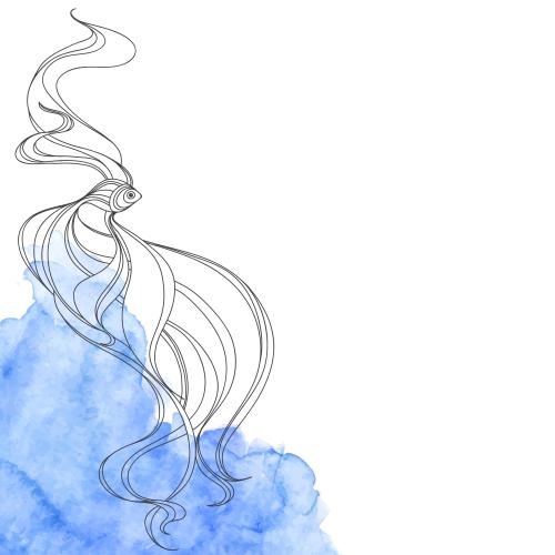 Illustration decorative fish, blue watercolor fragment, space for text on white, corner composition