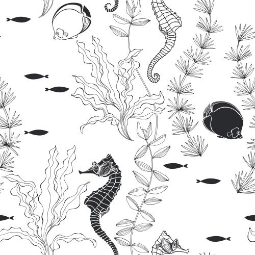 Vector image sea horses, tropical fish and algae on white
