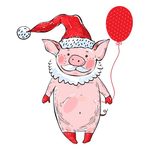 Balloon. Vector cartoon pig in new year costume with balloon on white