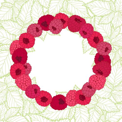 Vector image round frame of raspberry berries leaves on white