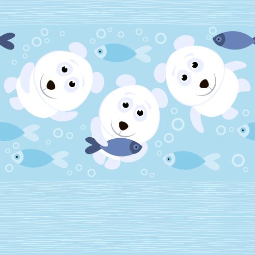 Fish. Vector Pattern white bears with fish, waves on blue in a cartoon style