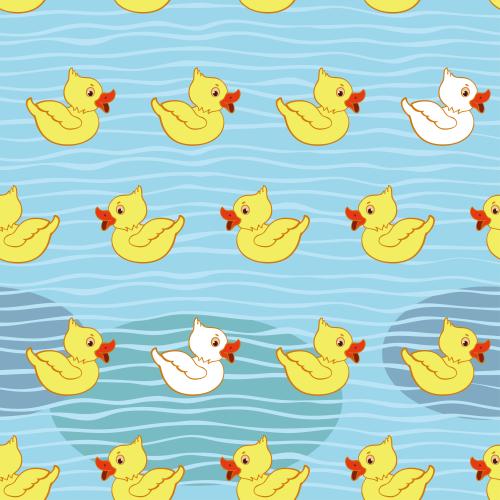 Bird. Vector Pattern cute yellow and white ducklings floating on waves