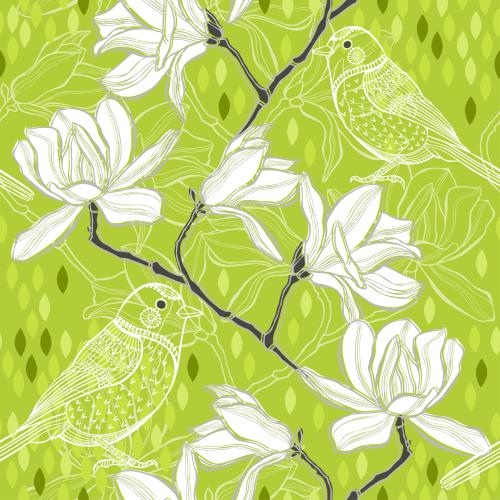 Spring. Vector blooming magnolia branch, stylized birds on a bright green background
