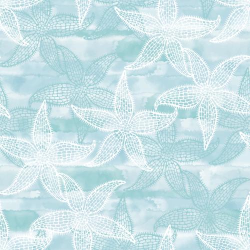 Illustration sea stars white and colored outlines on blue watercolor