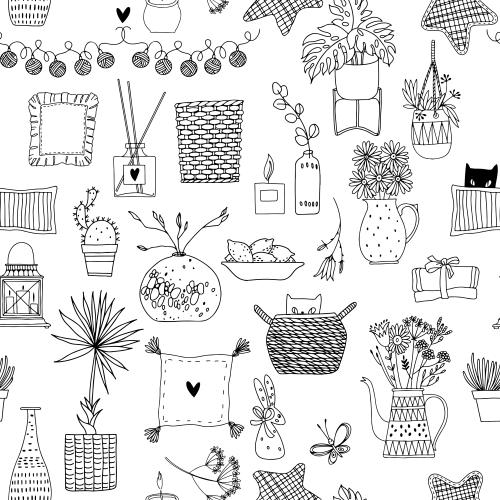 Vector image indoor flowers garland lantern cat pillows and other symbols of home comfort on white