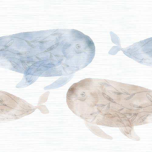 Raster image decorative watercolor whales, waves on white
