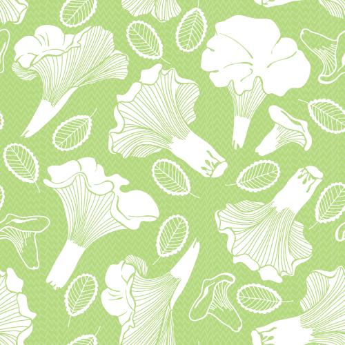 Grass. Vector white silhouettes of boletus mushrooms leaflets on green grass