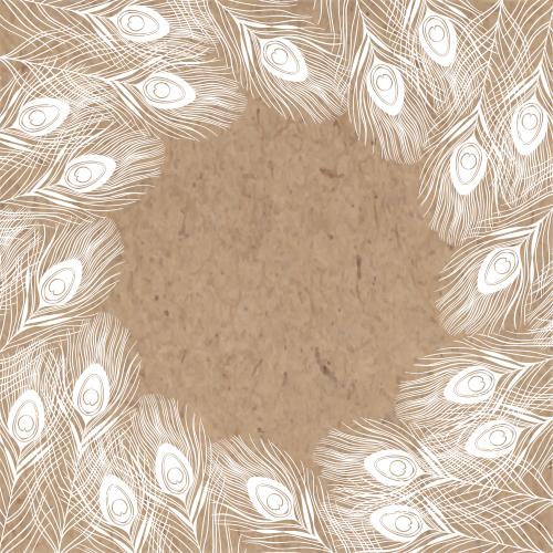 Peacock feather. Vector frame with white peacock feathers, with a round area for text on craft