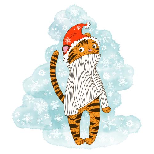 Tiger. Vector cartoon tiger cub in christmas hat and sweater snowflakes on blue watercolor fragment