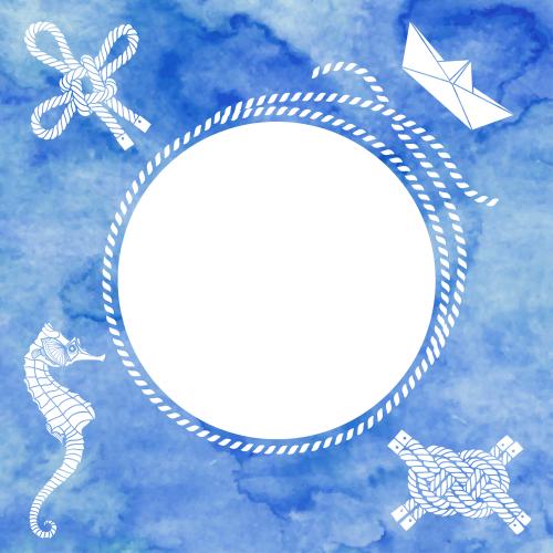 Paper boat. Vector round frame made of marine rope with a seahorse paper ship nautical knots and a text area on a blue watercolor