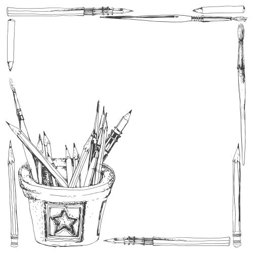 Illustration crayons brushes pencil case with art supplies text area on white sketch
