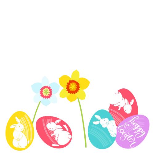 Illustration easter composition with colorful eggs cute rabbits and daffodils space for text on white