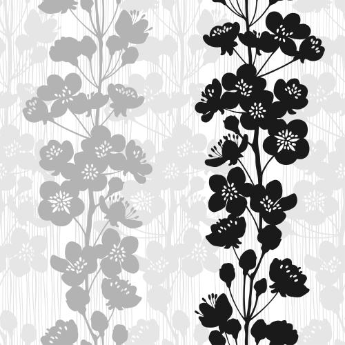 Apricot. Vector blooming apricot branches, monochrome silhouettes on white striped