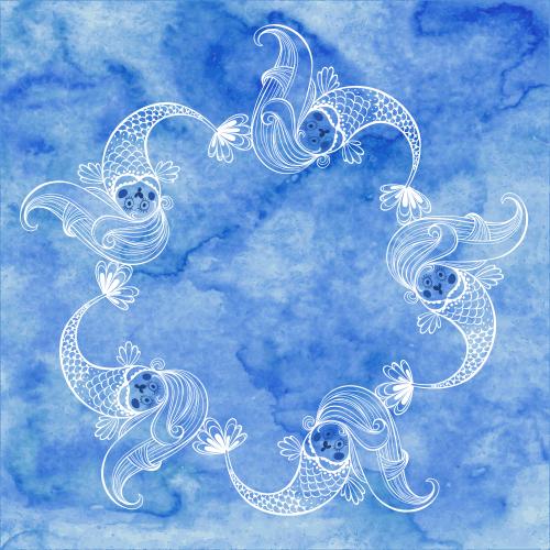 Mermaid. Vector cartoon mermaids round frame with a place for text on a blue watercolor