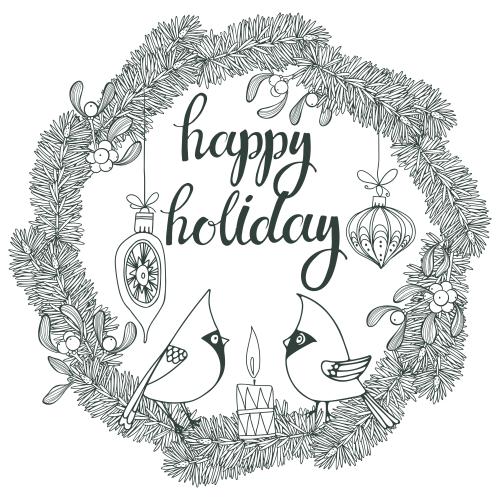 Pine. Vector wreath made of coniferous branches with cartoon cardinals mistletoe christmas tree decorations and the happy holiday inscription on white