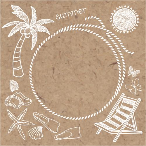Starfish. Vector round frame made of marine rope, sun, palm, chaise longue, and other vacation theme elements on craft