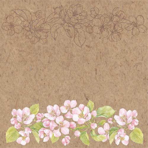 Raster image watercolor flowers and apple tree leaves contours text space on craft