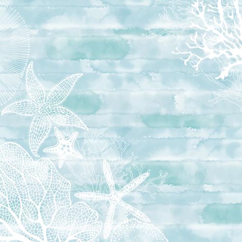 Illustration sea stars underwater creatures corals algae text area on blue watercolor corner composition