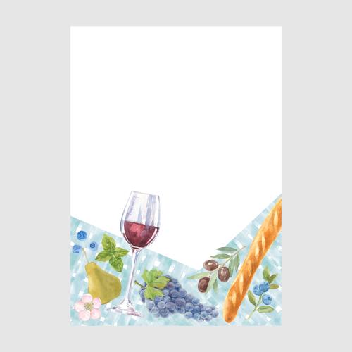 Raster image watercolor wine glass, baguette, grape, blueberry branch, pear, olives on a checkered tablecloth, space for text on white