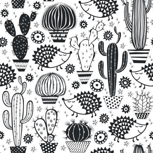 Cactus. Vector cute cartoonish hedgehogs, cacti in pots, decorative elements, black silhouettes and outlines on white