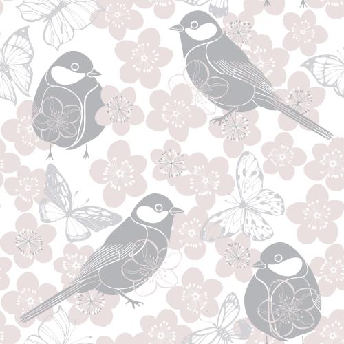 Sakura. Vector birds butterflies sakura flowers pastel tones on white