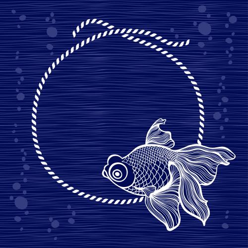 Illustration round frame-rope with a fish on blue waves