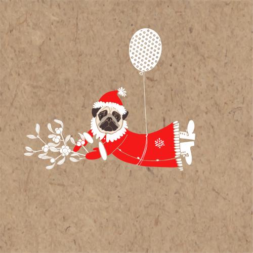 Balloon. Vector cute pug in santa claus costume with mistletoe branch flies on a balloon and scatters snowflakes